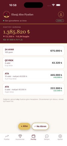 Elazığ Altın Fiyatları uygulamasında portföy ekranı